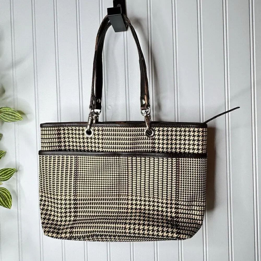 Vintage Ralph Lauren Houndstooth Tan Brown Leather Tote Shoulder Bag RLL Y2K